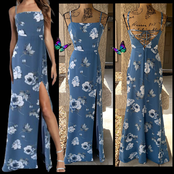 Lulus Feeling Elegant Slate Blue Floral Print Lace-Up Slit Maxi Dress Size S - Picture 1 of 7